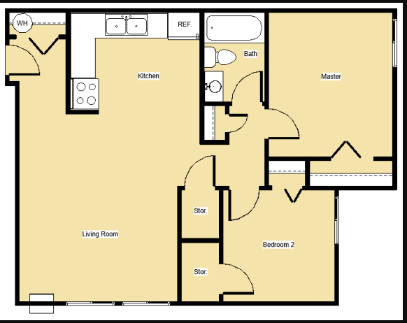 Floor plan for 2 beds, 1 bath, 730 sqft